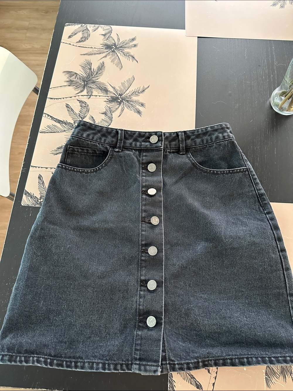 Black Button-Front Denim Skirt